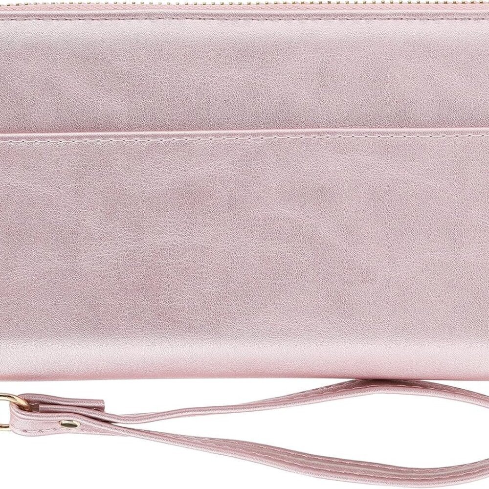 Vegan Leather Slim Wallet with Zipper Pocket Wristlet Tassel Pink